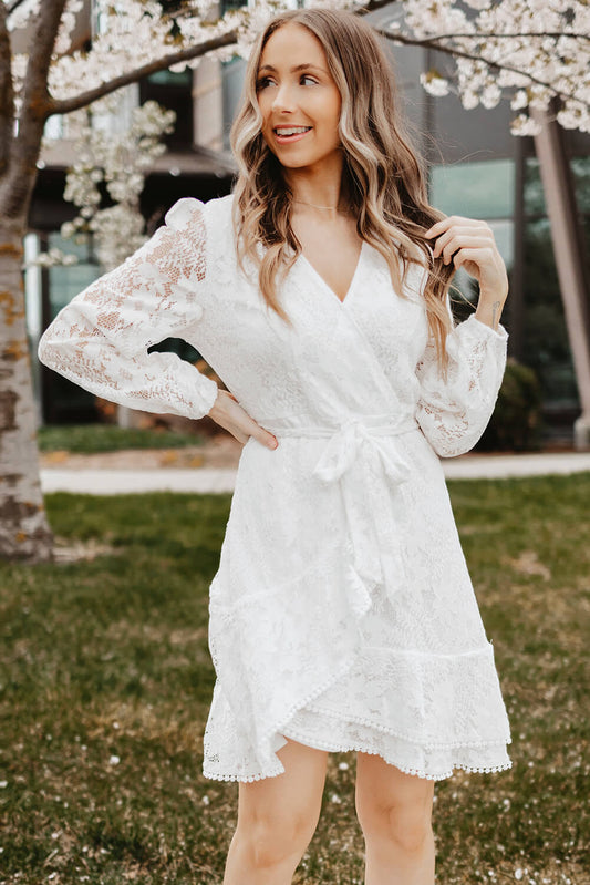 Lace Belted Long Sleeve Mini Dress