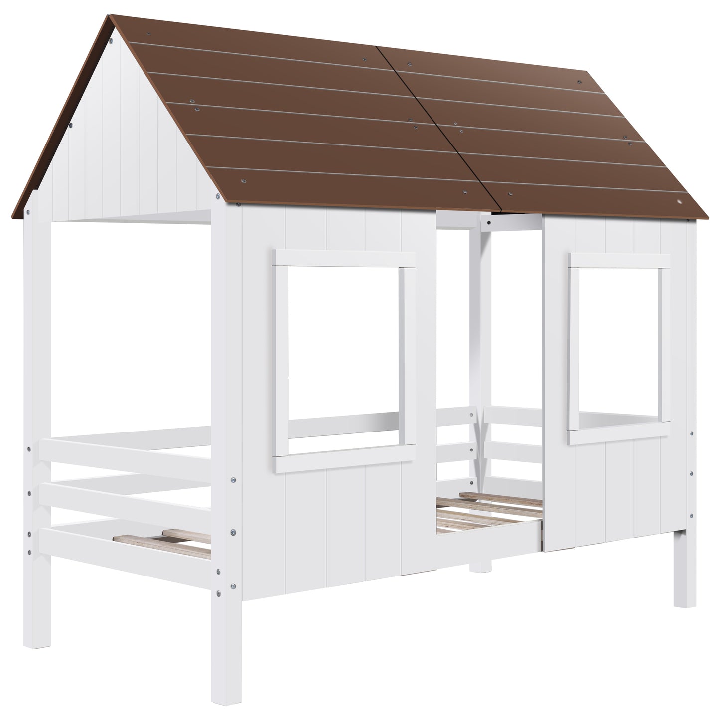 Twin Size Low Loft Wood House Bed with Two Front Windows