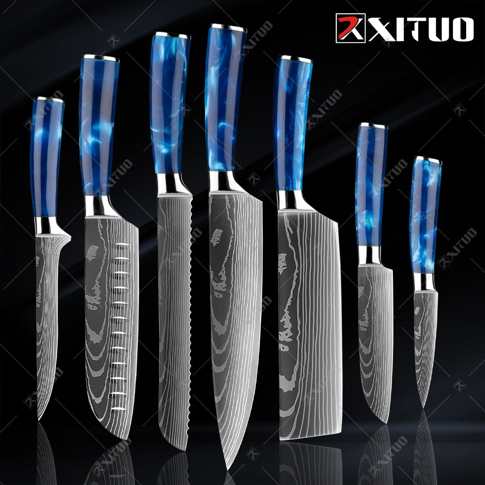 XITUO kitchen knives Set Exquisite blue resin handle Laser Damascus