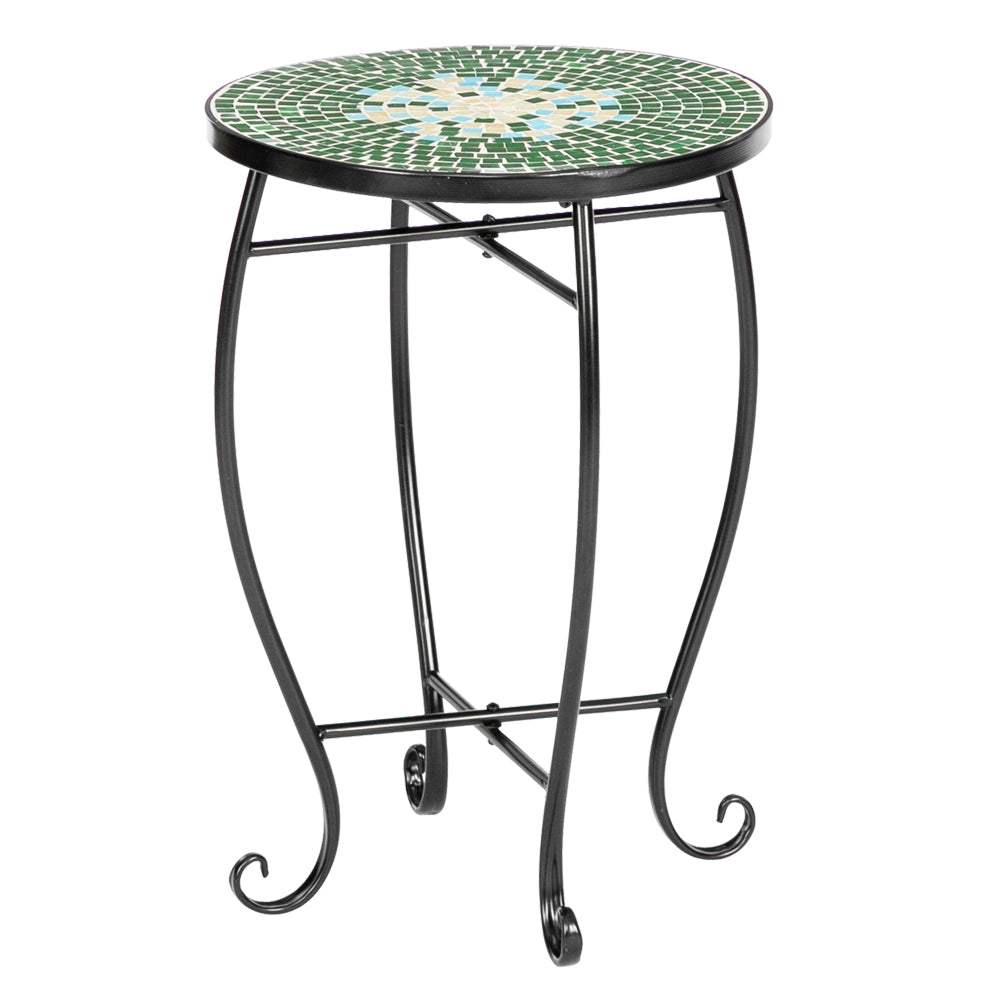 Mosaic Round Terrace Bistro Table With Coloured Glass Green Flowers Mosaic