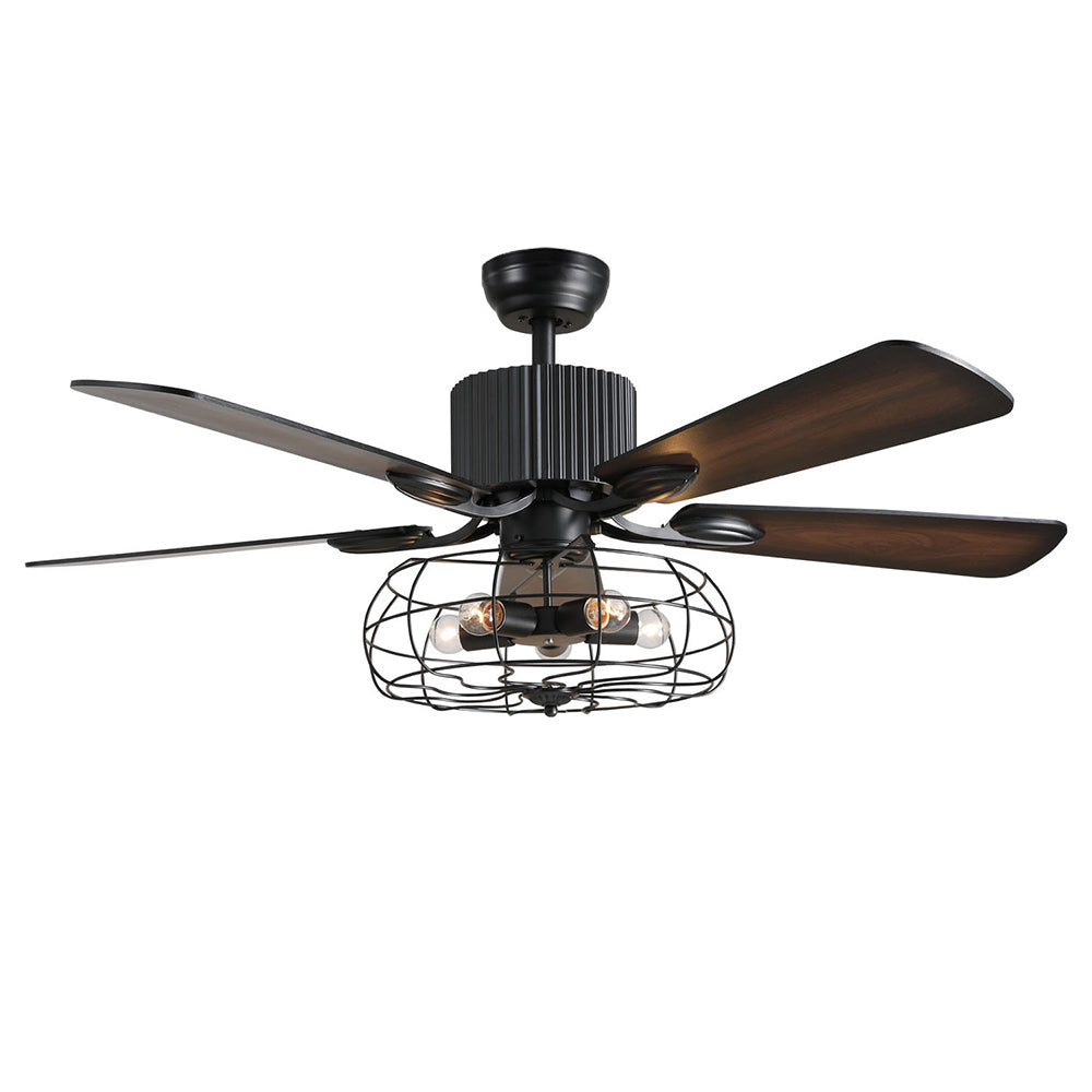 64W 52 Inch Matte Black 5 Leaves Wind Fan Lamp With Remote Control