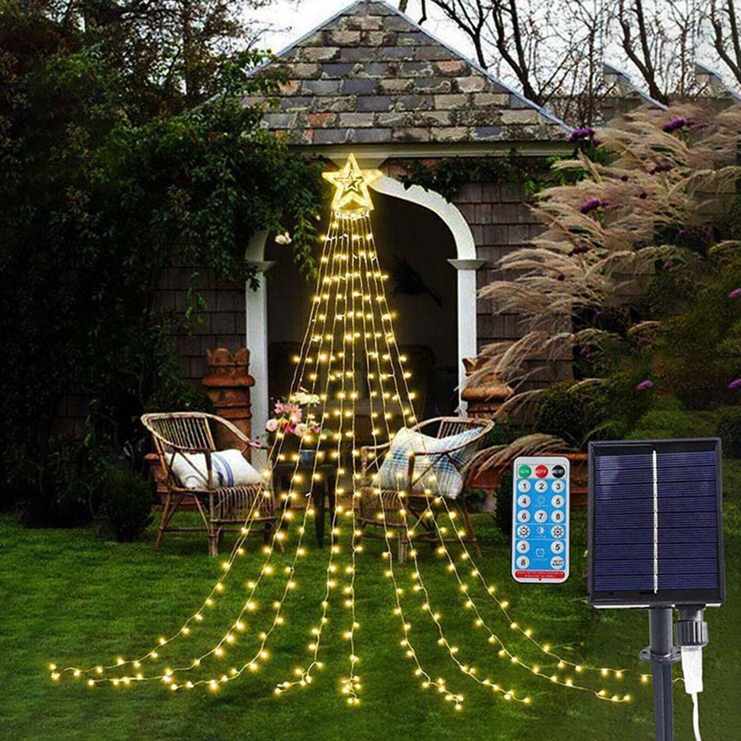 Remote+Warm White Solar Waterfall String Light Christmas Tree Hanging US