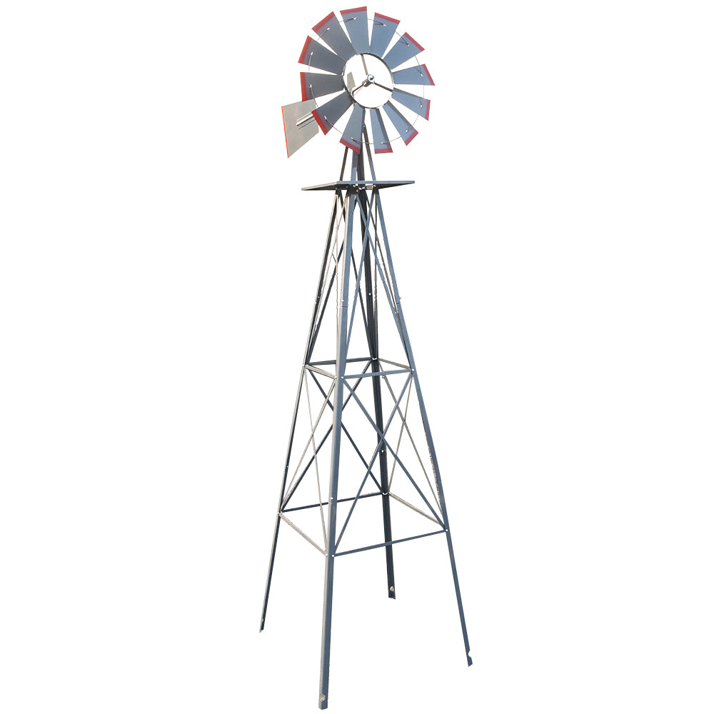 8FT Weather Resistant Yard Garden Windmill Gray & Red