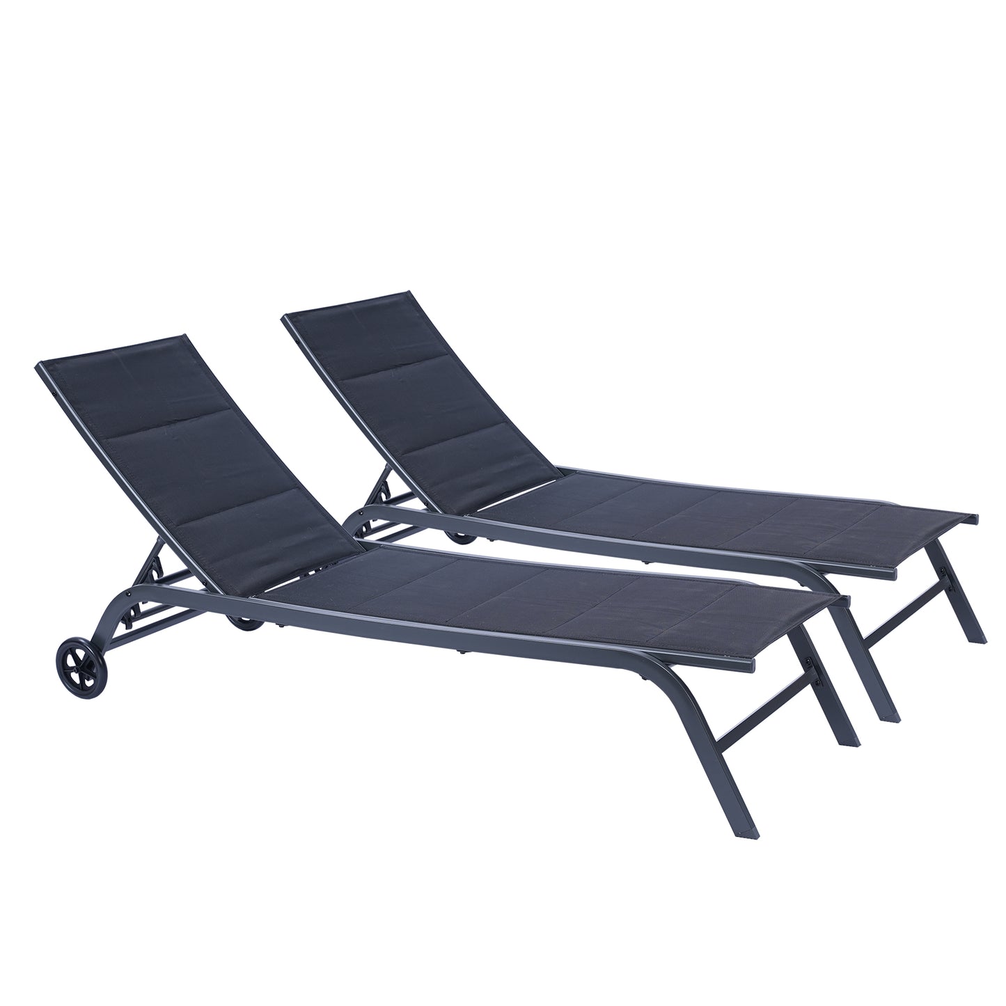 Outdoor 2-Pcs Set Chaise Lounge Chairs, Five-Position Adjustable Metal Recliner， Black