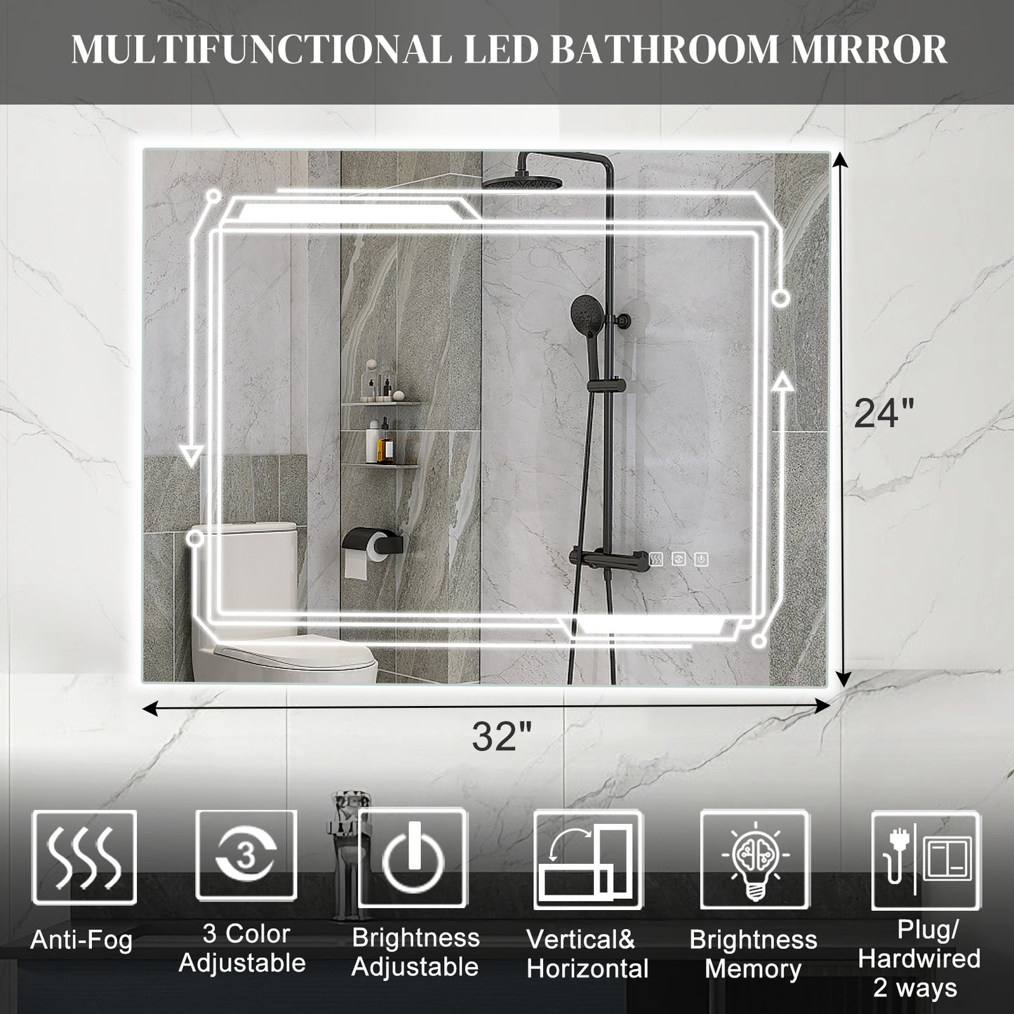 FCH 32*24in Geometric Elements Aluminum Alloy Rectangular Built-In Light Strip With Anti-Fog Touch