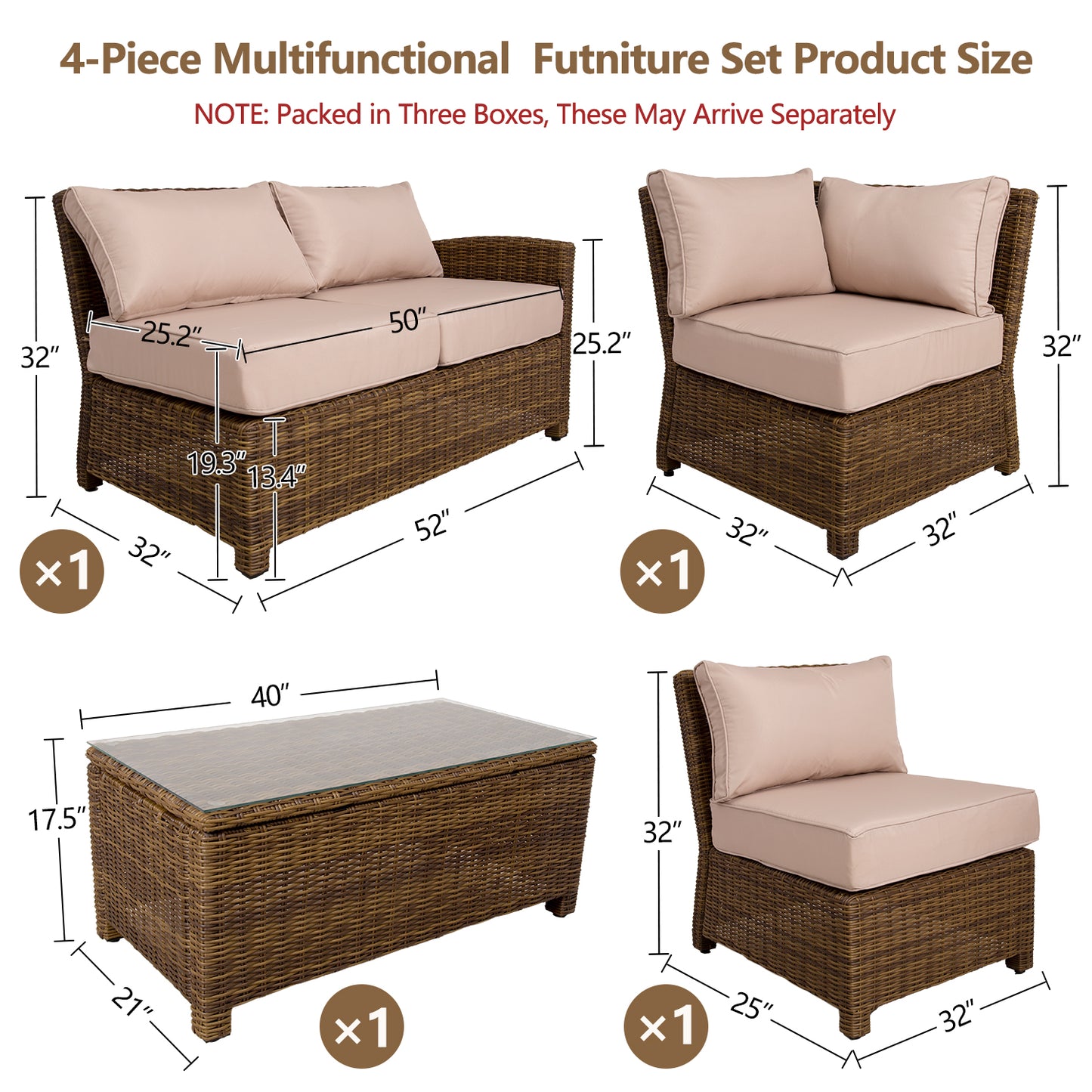 Outdoor Patio Furniture Set 4-Piece Rattan Sectional Sofa Sets