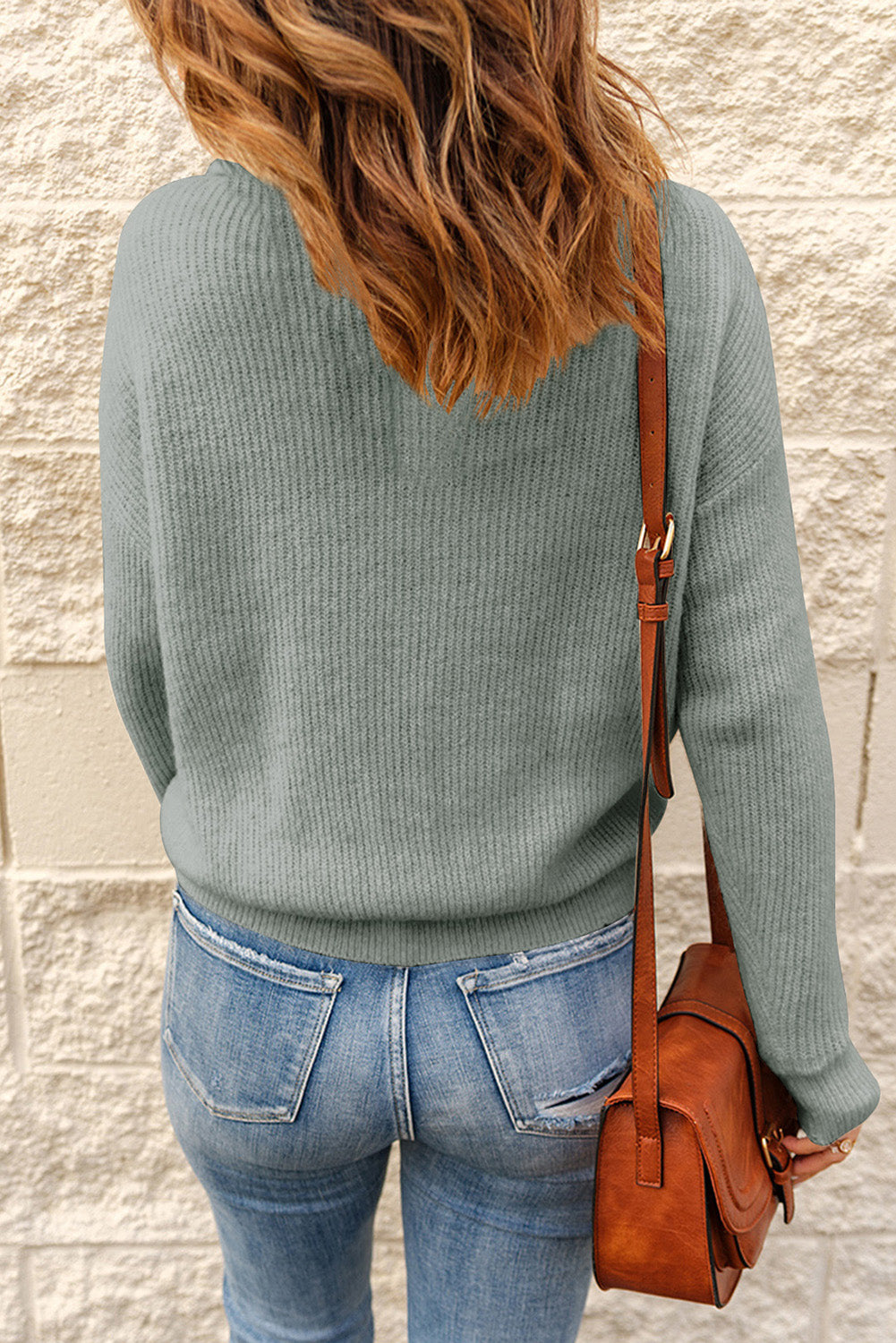 Half Button Dropped Shoulder Ribbed Sweater