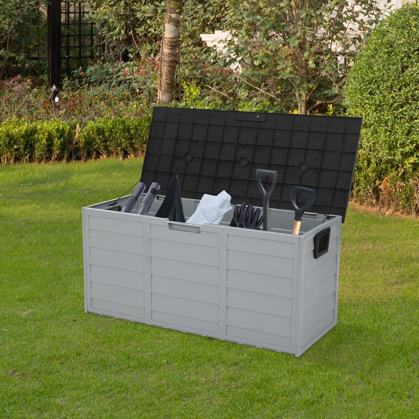 75gal 260L Outdoor Garden Plastic Storage Deck Box Chest Tools Cushions Toys Lockable Seat