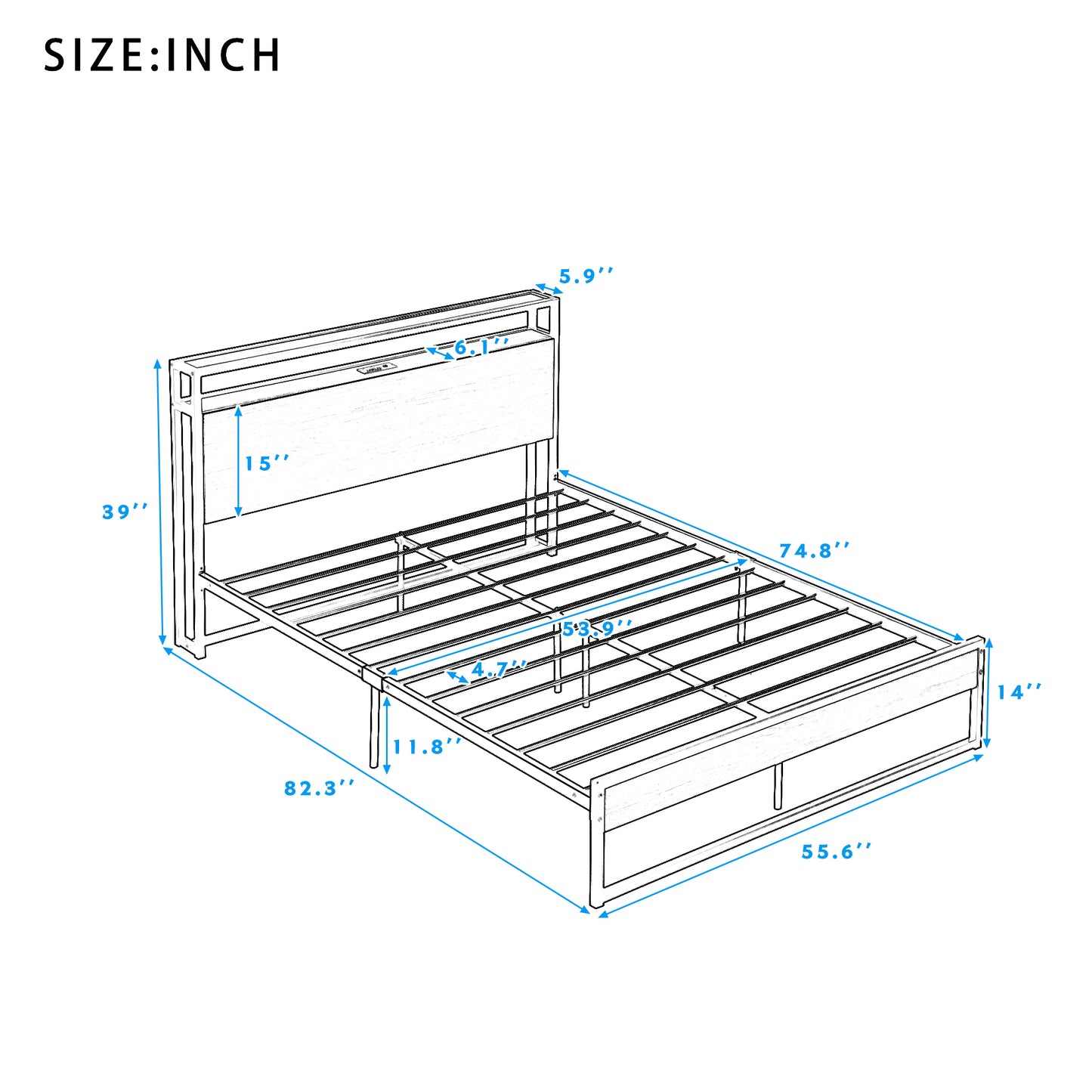 Full Size Metal Platform Bed Frame with Sockets