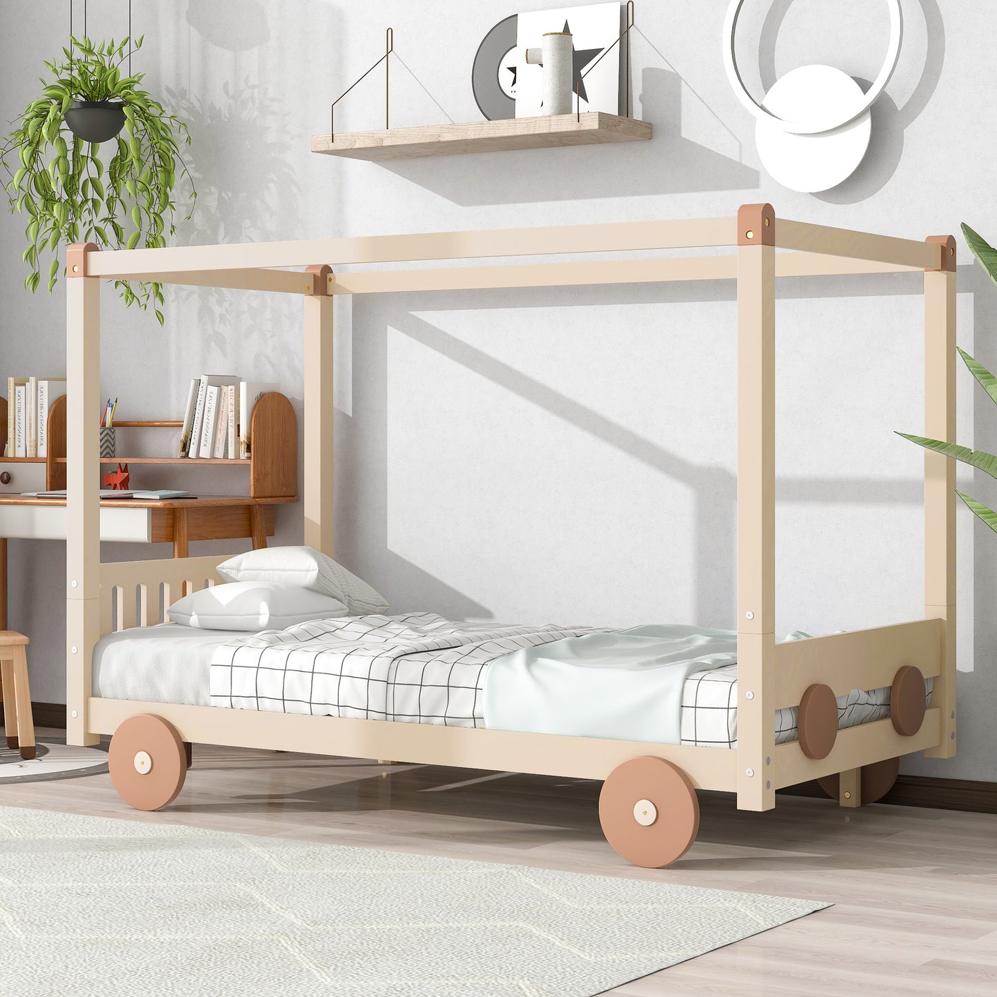 Twin Size Canopy Car-Shaped Platform Bed,Natural+Brown