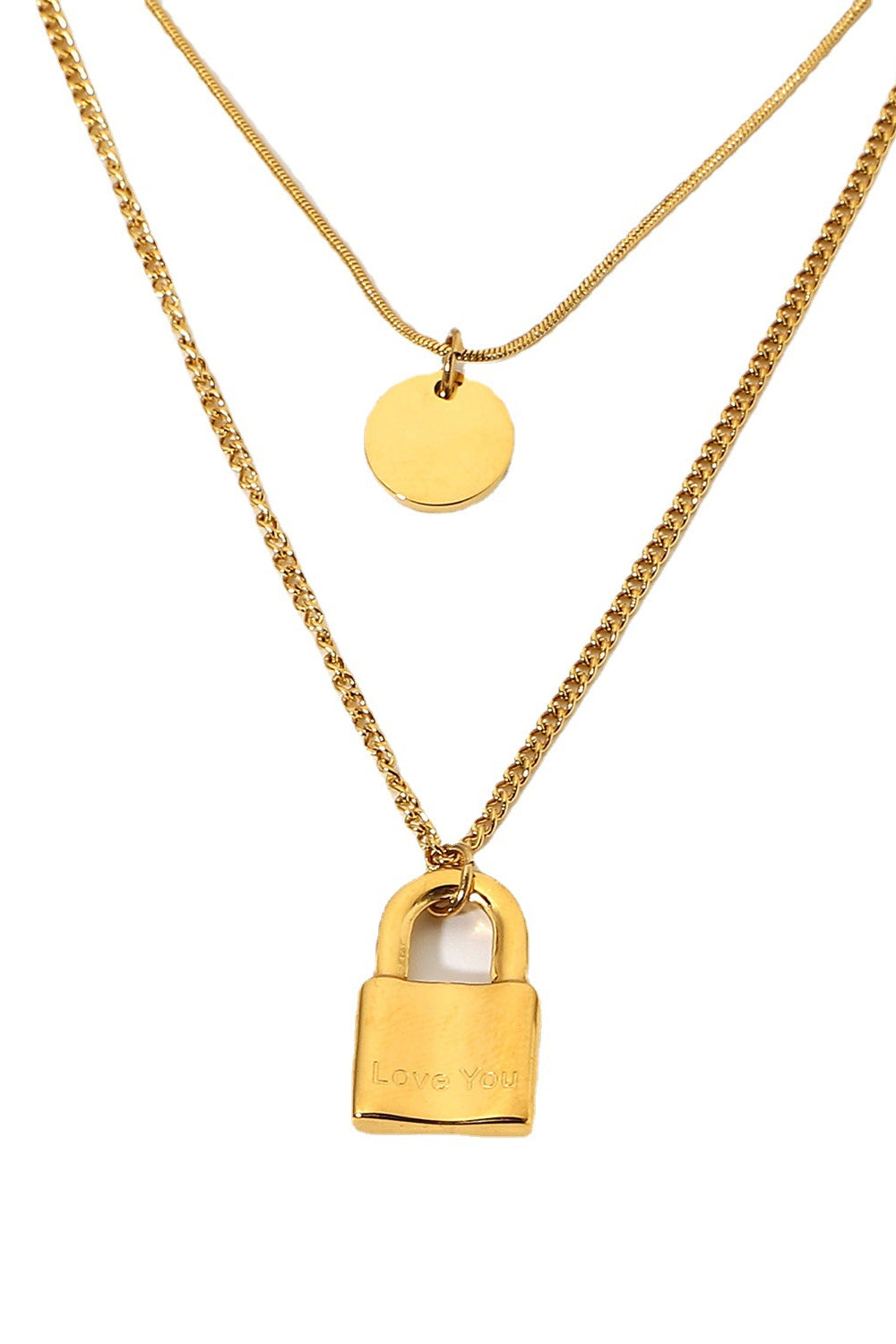 Layered Circle and Lock Pendant Necklace
