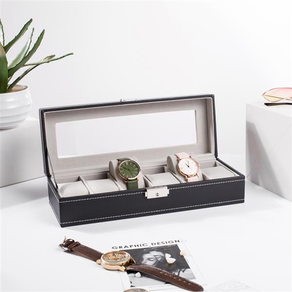 6 Slot Leather Watch Box Display Case Organizer Glass