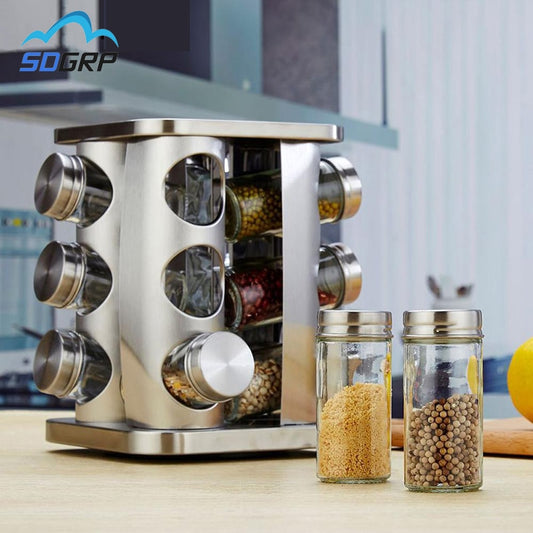 12Pc Kitchen Spice Jars Storage Rotatable Base Stainless Steel