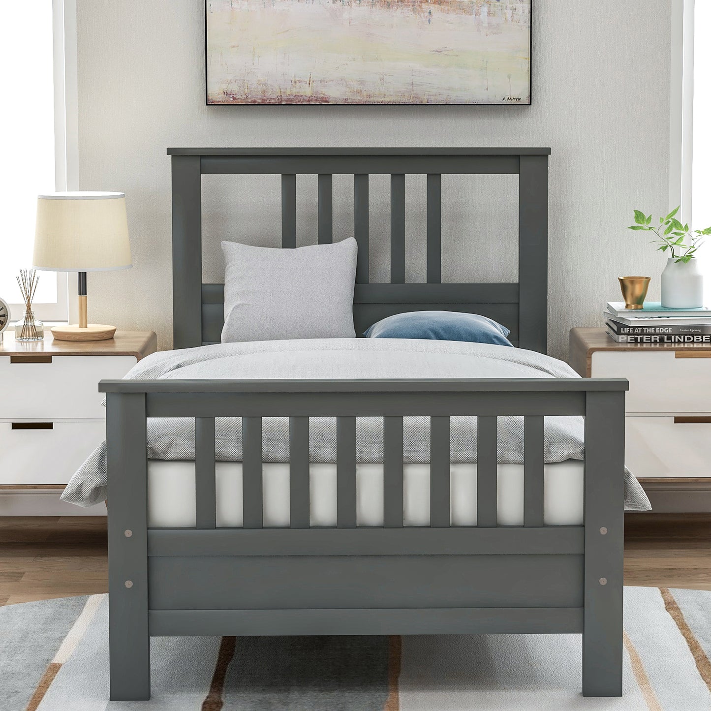 Wood Platform Bed with Headboard and Footboard, Twin (Gray)
