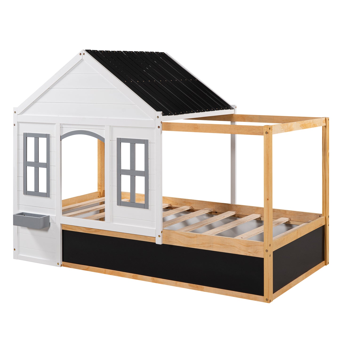 Twin Size House Shaped Canopy Bed with Black Roof and White Window