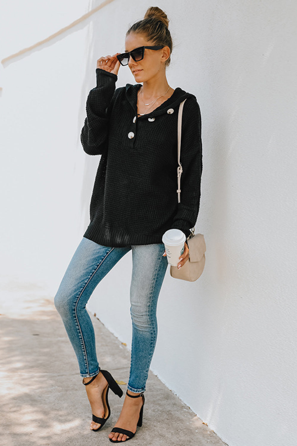 Quarter Button Waffle Knit Hooded Sweater