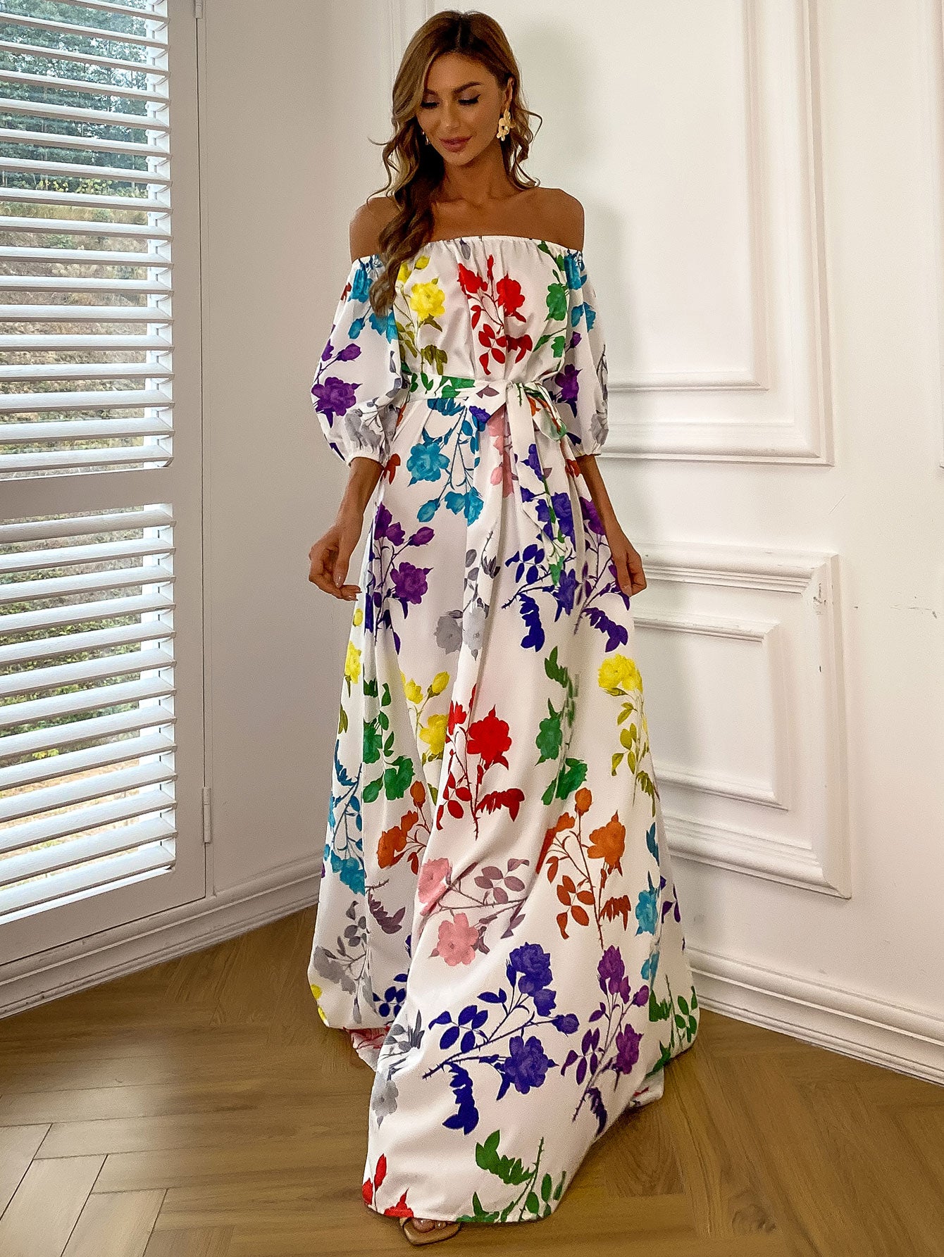 Floral Tie-Waist Off-Shoulder Floor-Length Dress