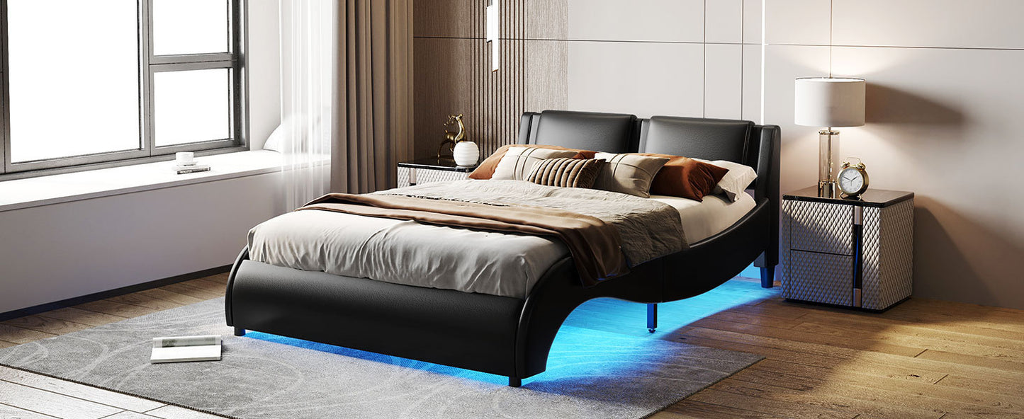 Queen Size Upholstered Faux Leather Platform Bed with LED Light Bed Frame with Slatted - Black