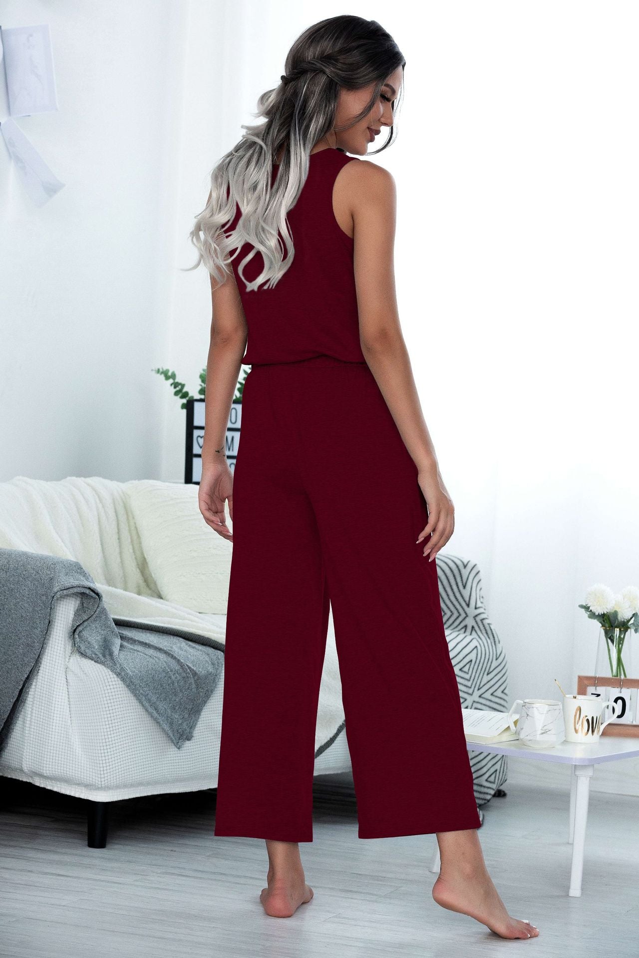 Solid Sleeveless Pocketed Wide Leg Jumpsuit