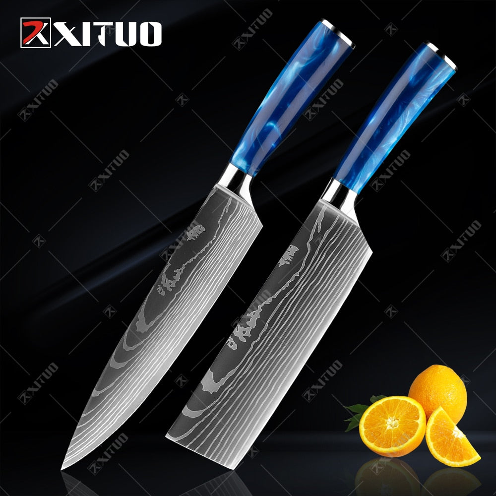 XITUO kitchen knives Set Exquisite blue resin handle Laser Damascus
