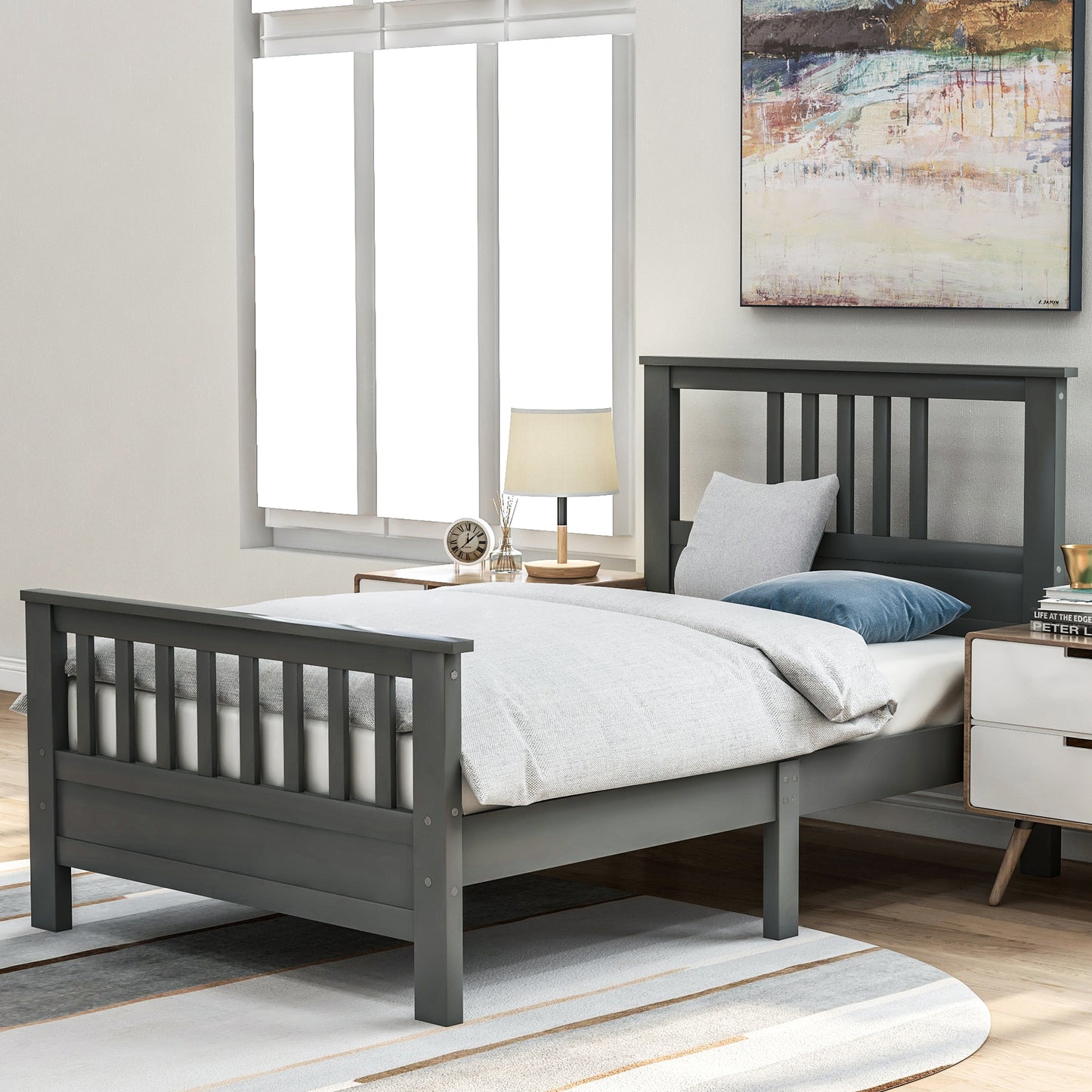 Wood Platform Bed with Headboard and Footboard, Twin (Gray)