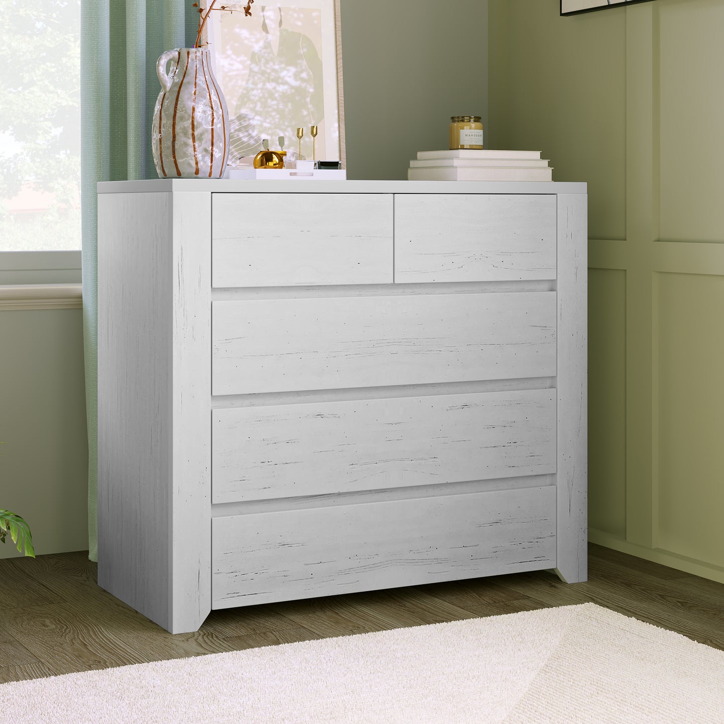 Off White Simple Style Manufacture Wood Chest with Gray Wood Grain Sticker Surfaces Five Drawers Large Storage Space for Living Room Bedroom Guest Room Children’s Room