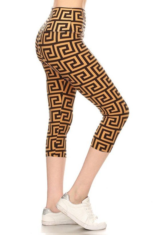 Yoga Style Banded Lined Meander Printed Knit Capri Legging With High Waist.