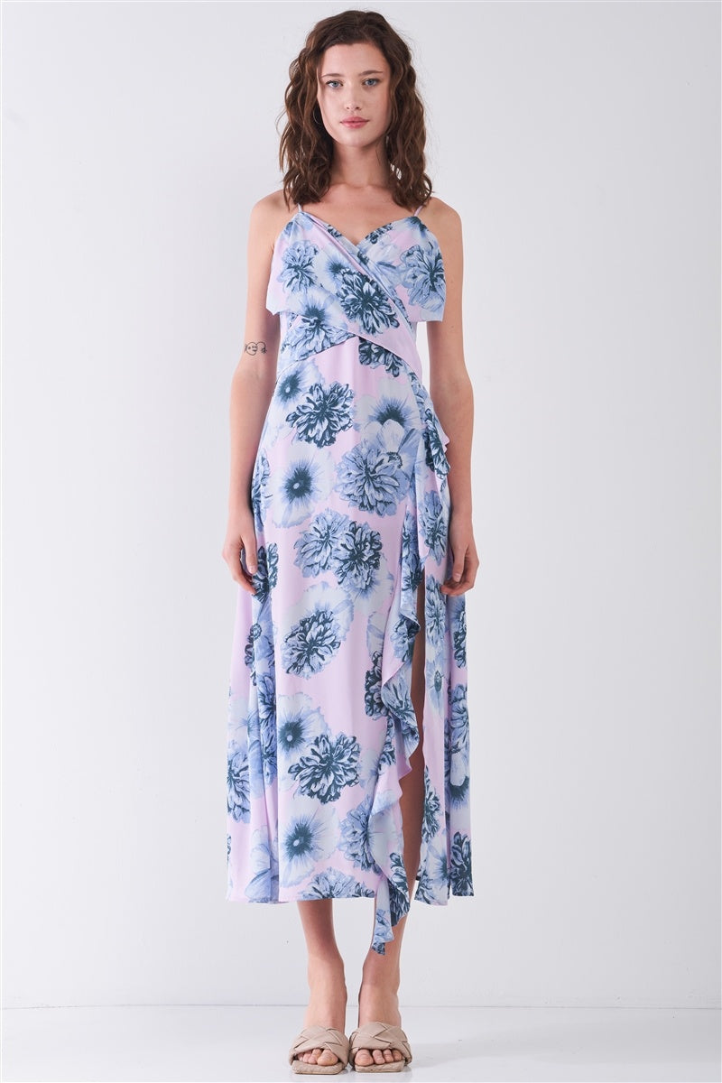 Floral Print Sleeveless Self-tie Wide Wrap Midi Dress
