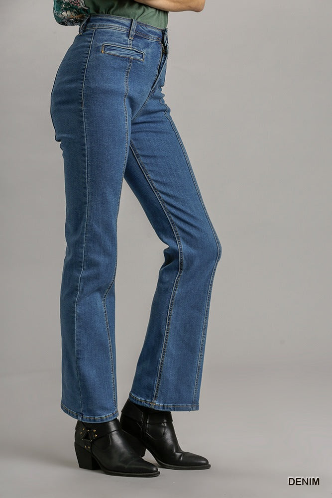 Panel Straight Cut Denim Jeans With Pockets