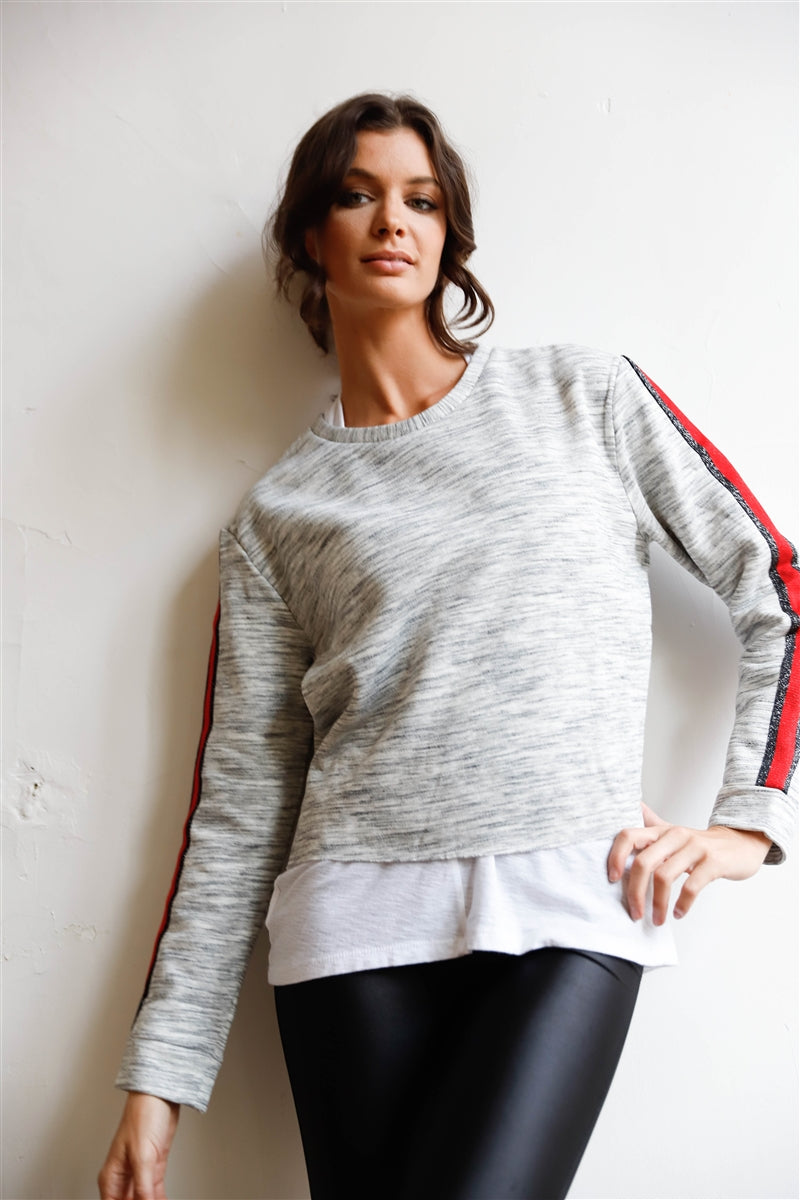 Heather Grey Lurex Stripe Sleeve Detail Raw Hem Sweatshirt