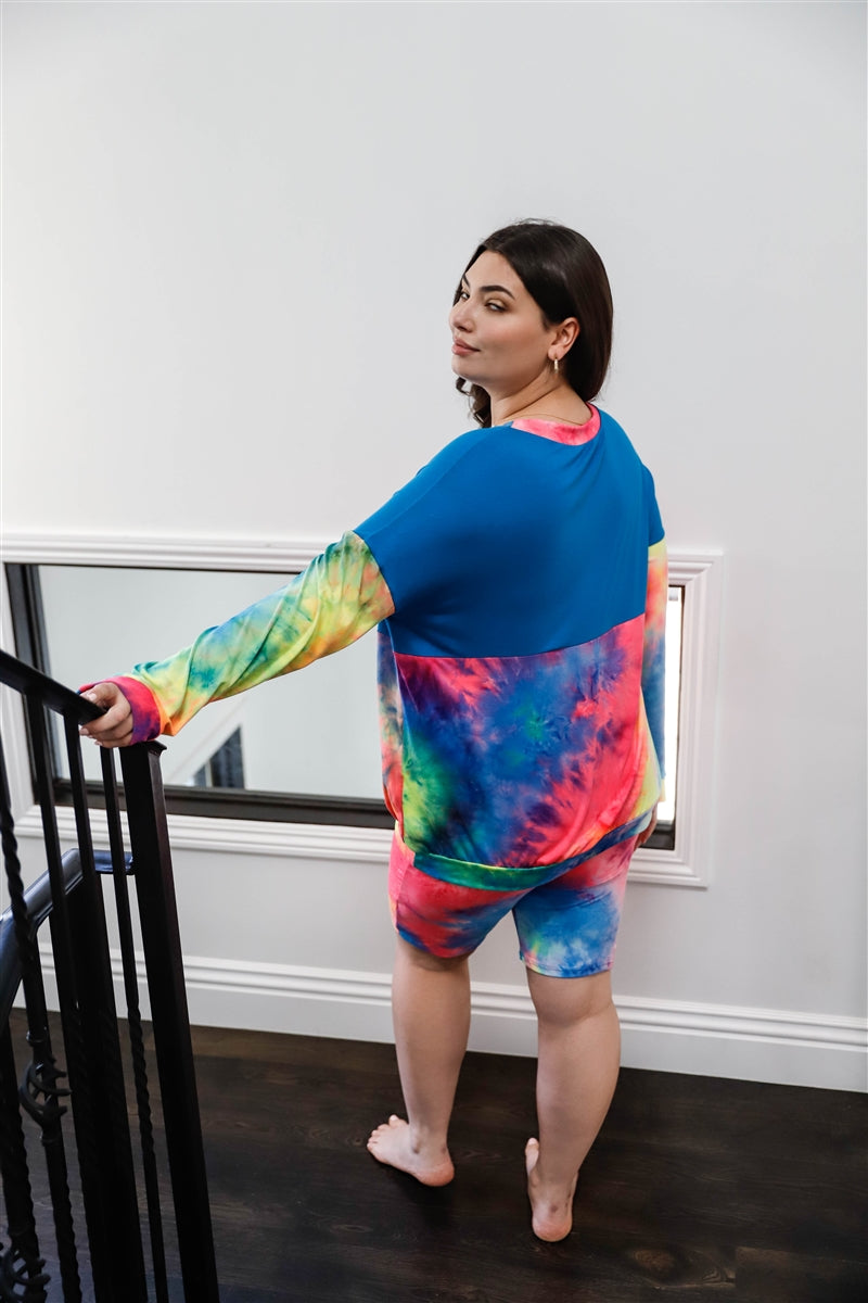 Plus Blue Neon Rainbow Tie-dye Colorblock Long Sleeve Top & Biker Shorts Set