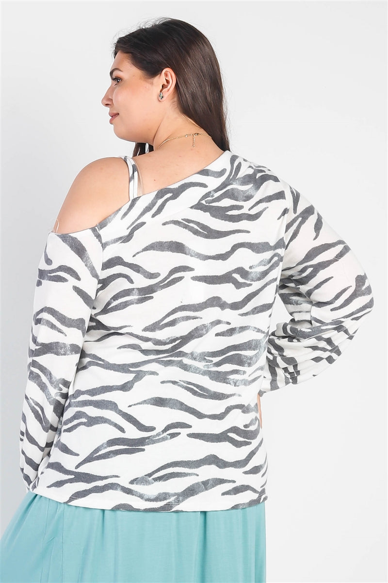 Plus White & Charcoal Zebra Flannel Cold Shoulder Long Sleeve Top
