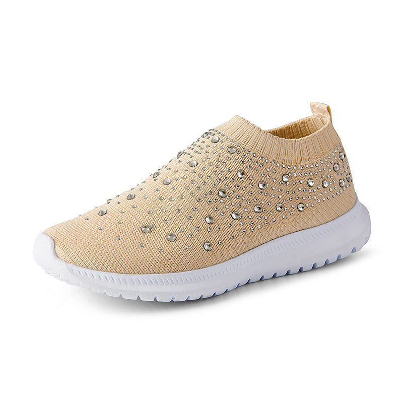 Hot Drill Slip On Woven Breathable Shiny Sneakers