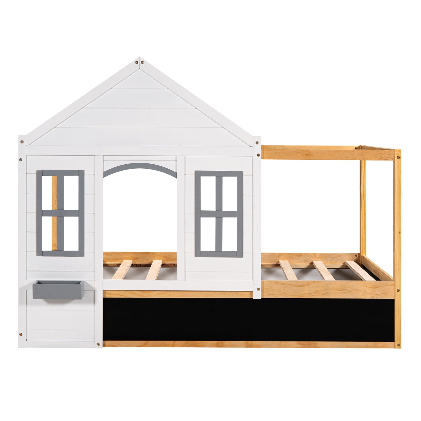 Twin Size House Shaped Canopy Bed with Black Roof and White Window