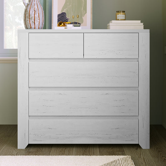 Off White Simple Style Manufacture Wood Chest with Gray Wood Grain Sticker Surfaces Five Drawers Large Storage Space for Living Room Bedroom Guest Room Children’s Room