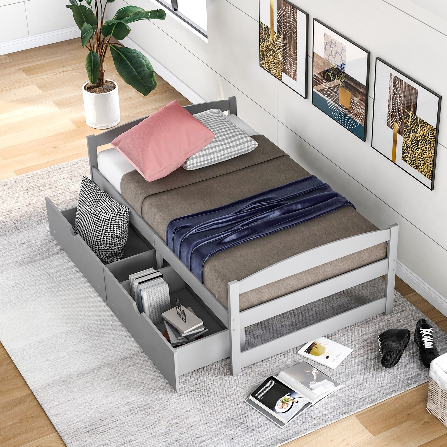 Twin size platform bed, with two drawers, gray （New）