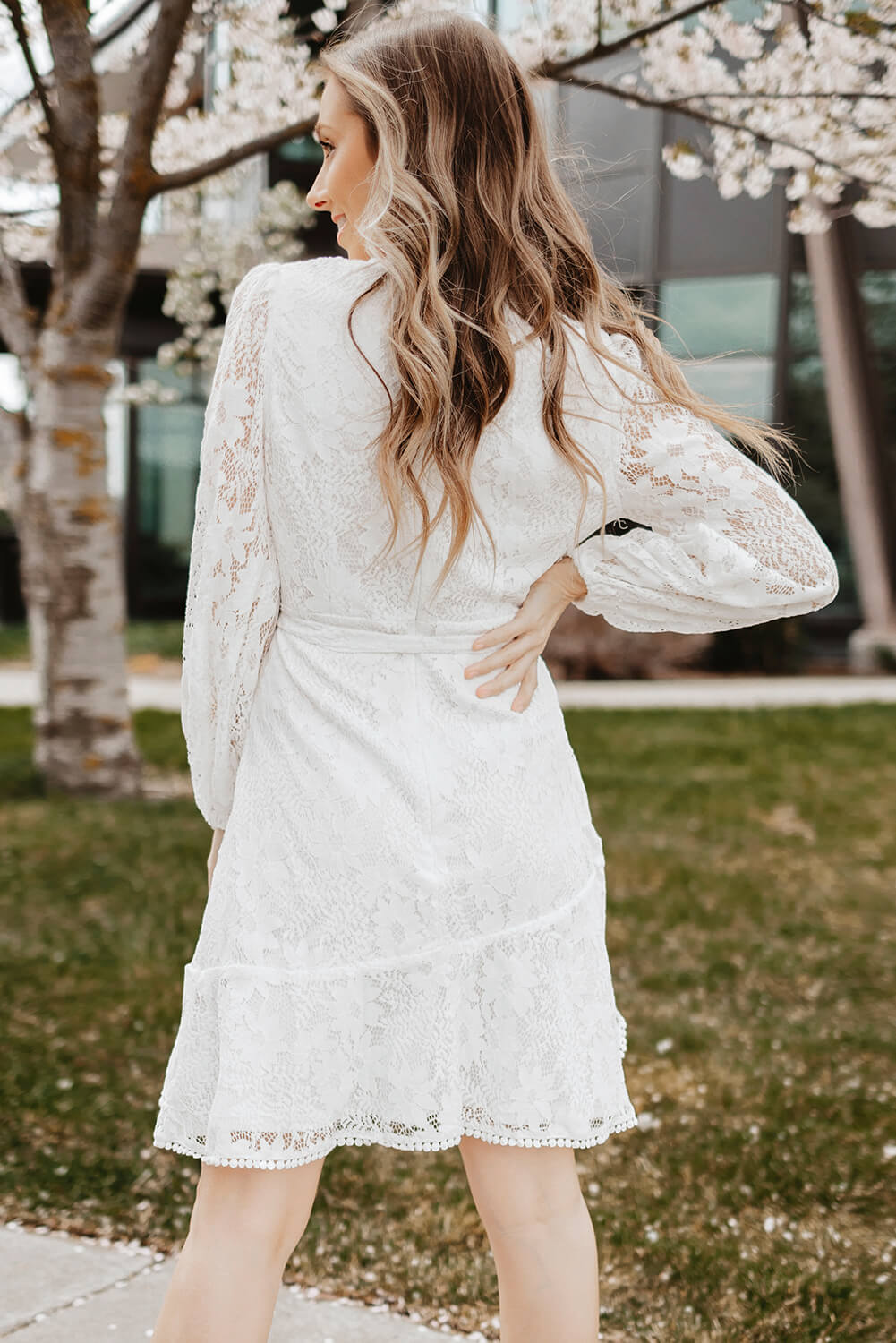 Lace Belted Long Sleeve Mini Dress