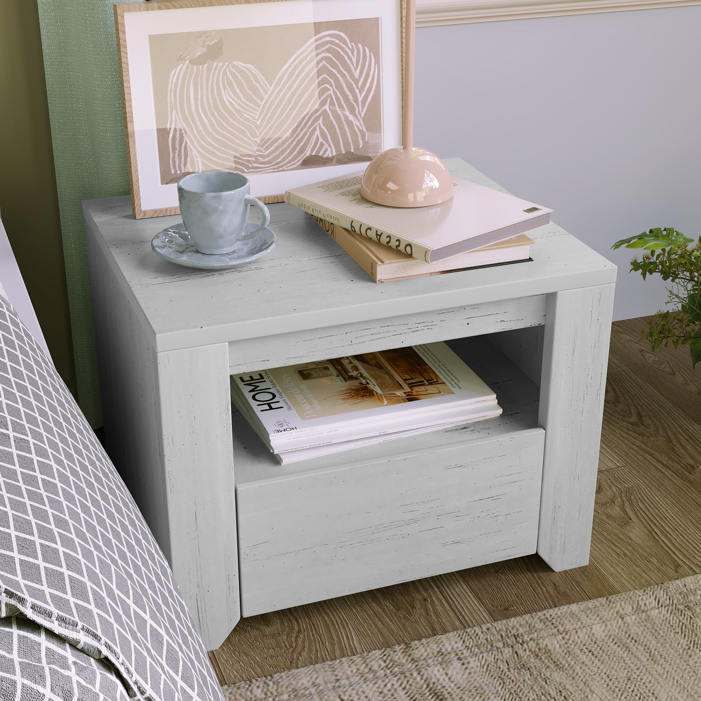 Off White Simple Style Manufacture Wood Nightstand with Gray Wood