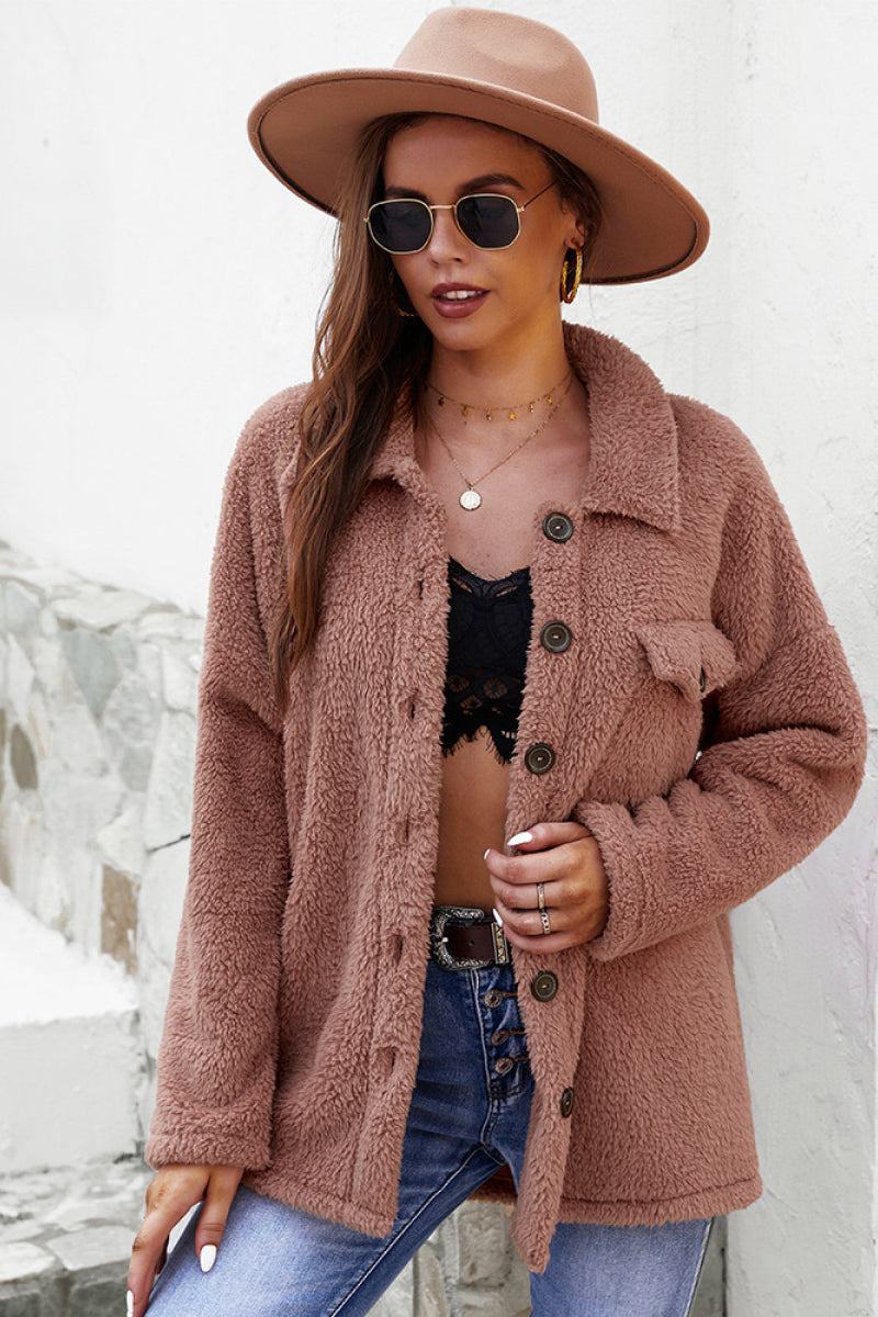 Button Front Pocket Teddy Coat