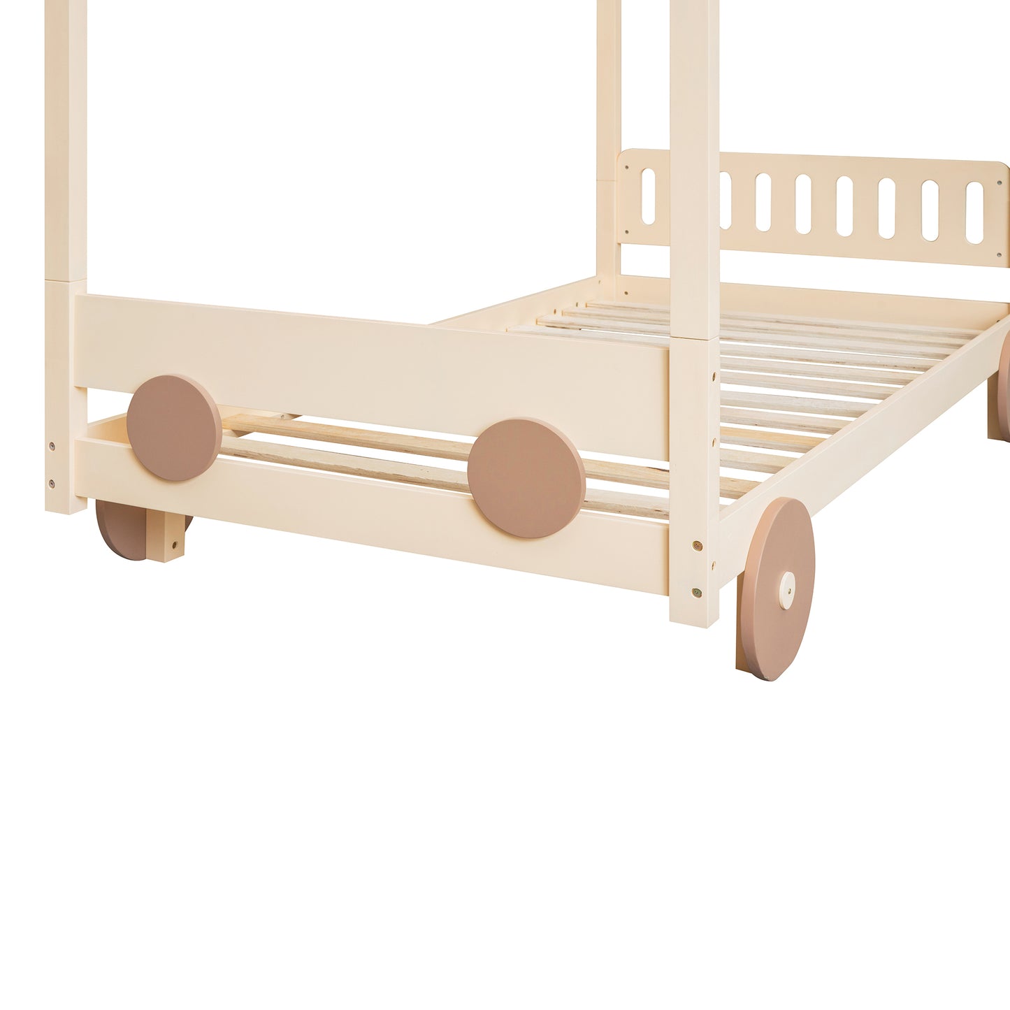 Twin Size Canopy Car-Shaped Platform Bed,Natural+Brown