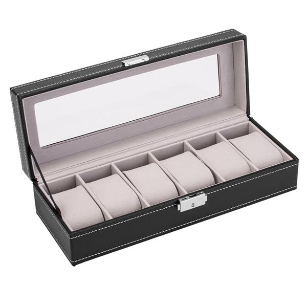6 Slot Leather Watch Box Display Case Organizer Glass
